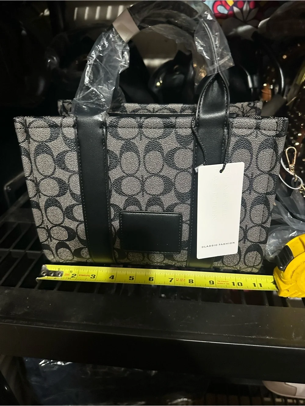 Gray & Black Patterned Tote Bag with Black Trim W/ Matching Wallet & Strap